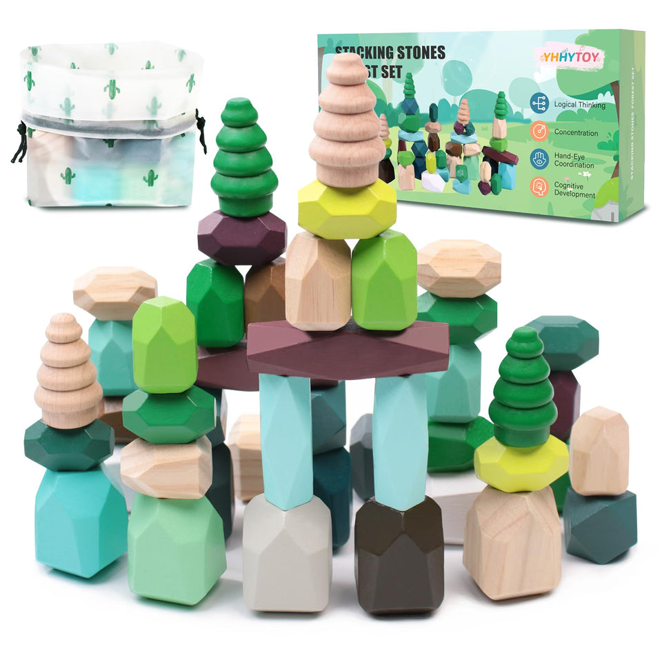 YHHYTOY wooden stacking stones set of 40 pieces for sensory play and learning.