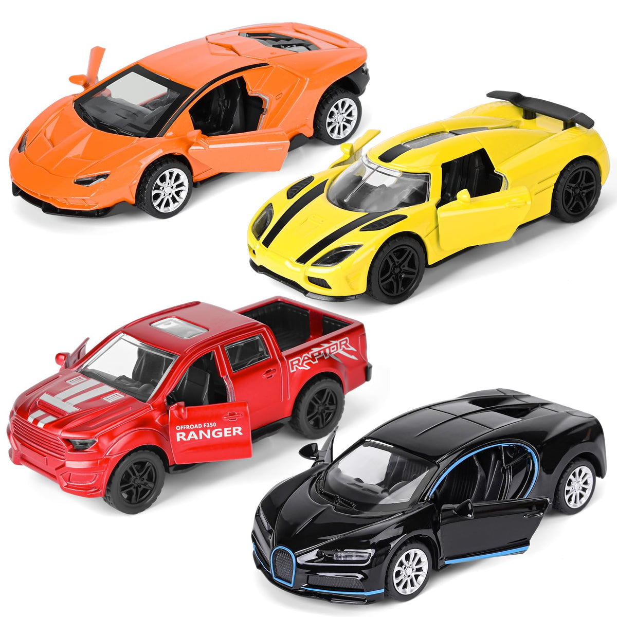 YHXKJ 4-pack toy cars with opening doors invite interactive play and collection.