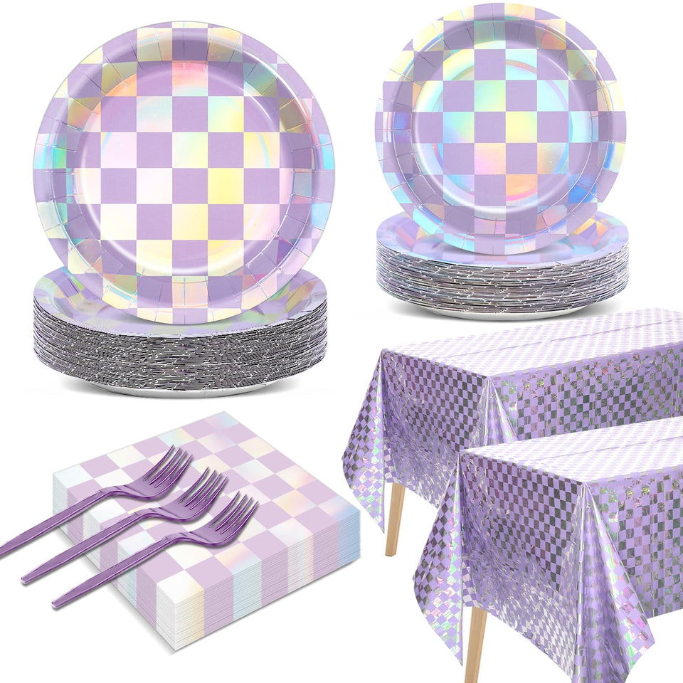 Yiaoyinnz iridescent purple checkered plates elevate party styling
