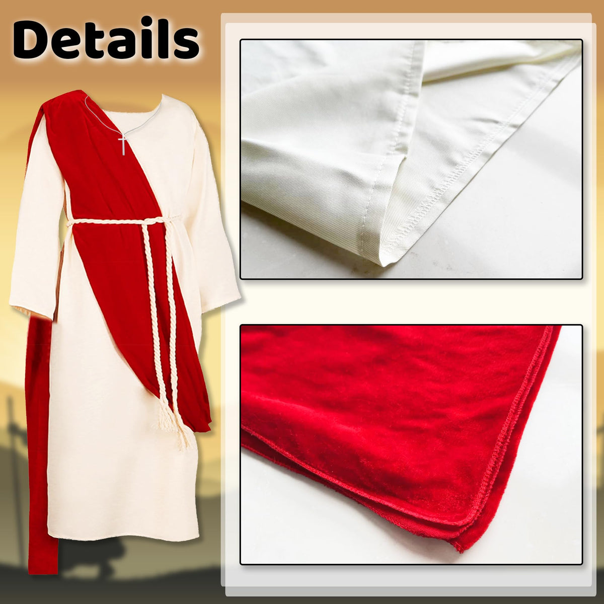 Yickoon Kids Jesus costume set includes robe, scarf, necklace, rope.