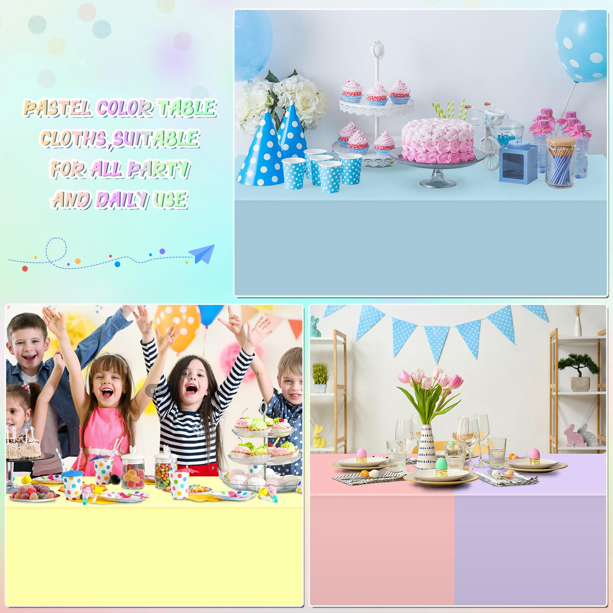 YIDAKO pastel tablecloths used for Easter or baby shower decor with rainbow theme