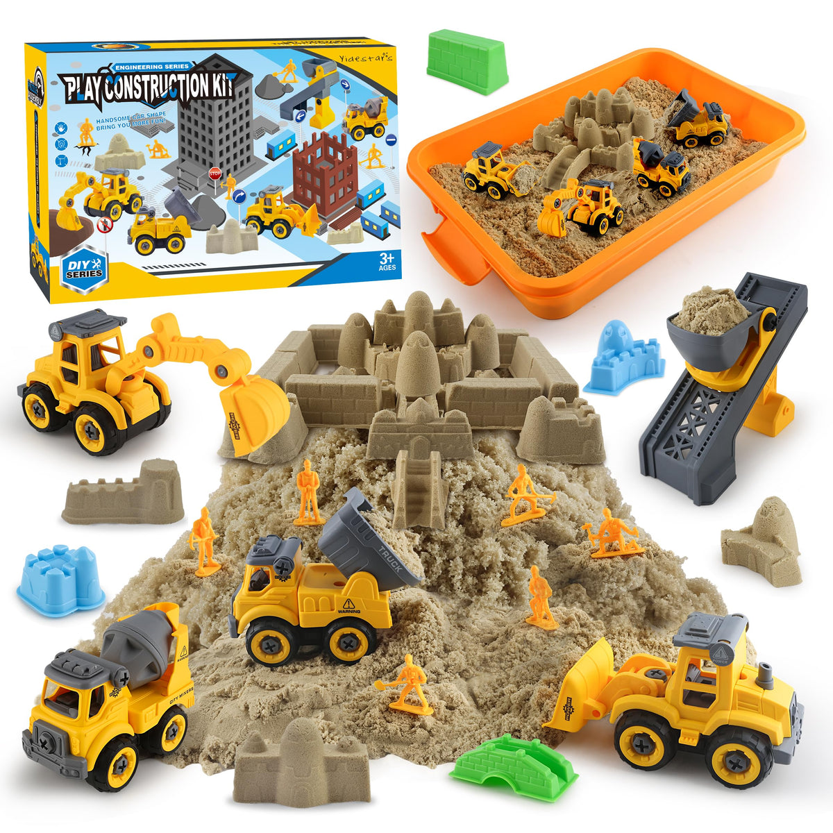 YIDESTARS Construction Sandbox with lid featuring four vehicles for imaginative building play and fine motor skill development