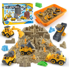 YIDESTARS Construction Sandbox with lid featuring four vehicles for imaginative building play and fine motor skill development