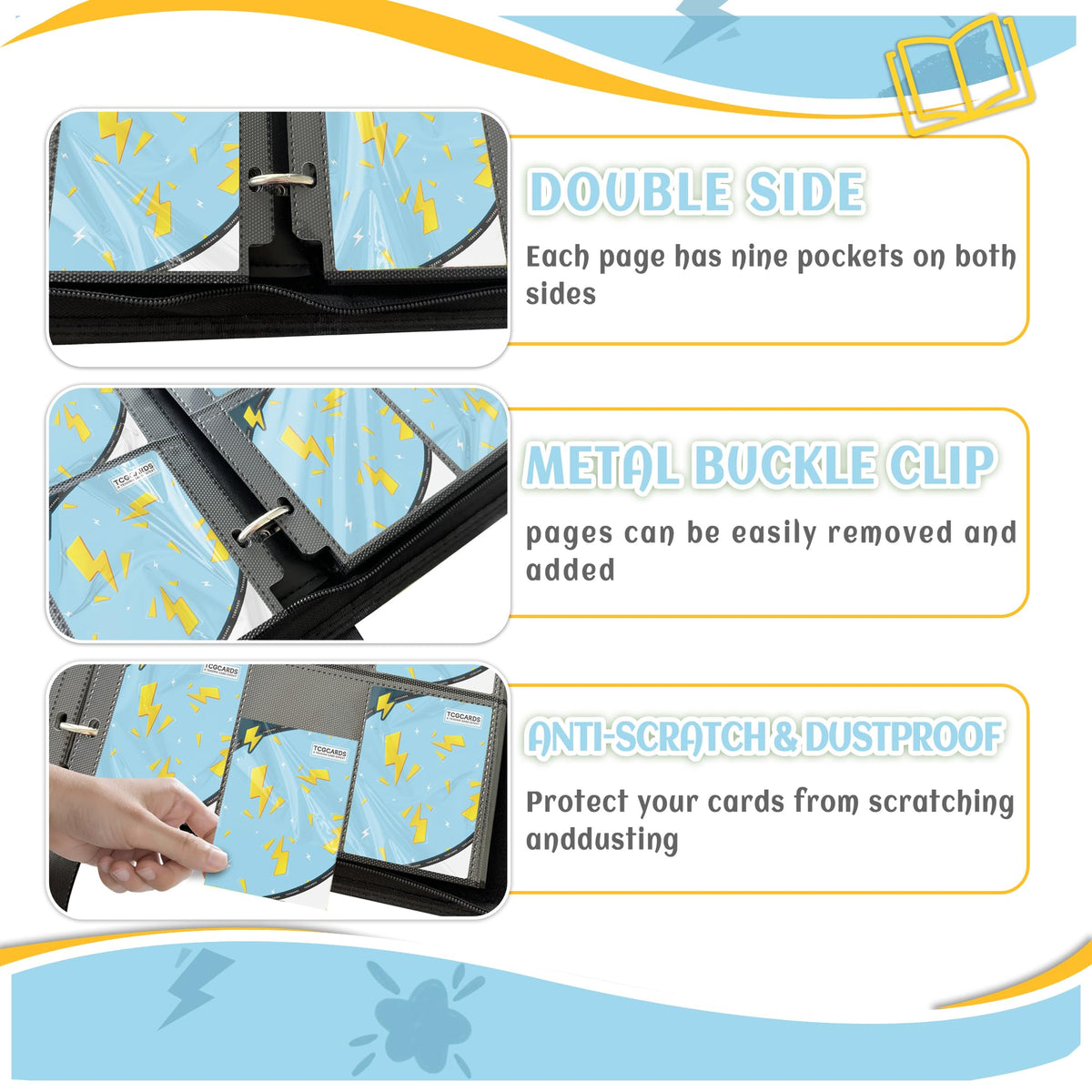Yifan binder includes 50 removable sleeves for flexible card handling.