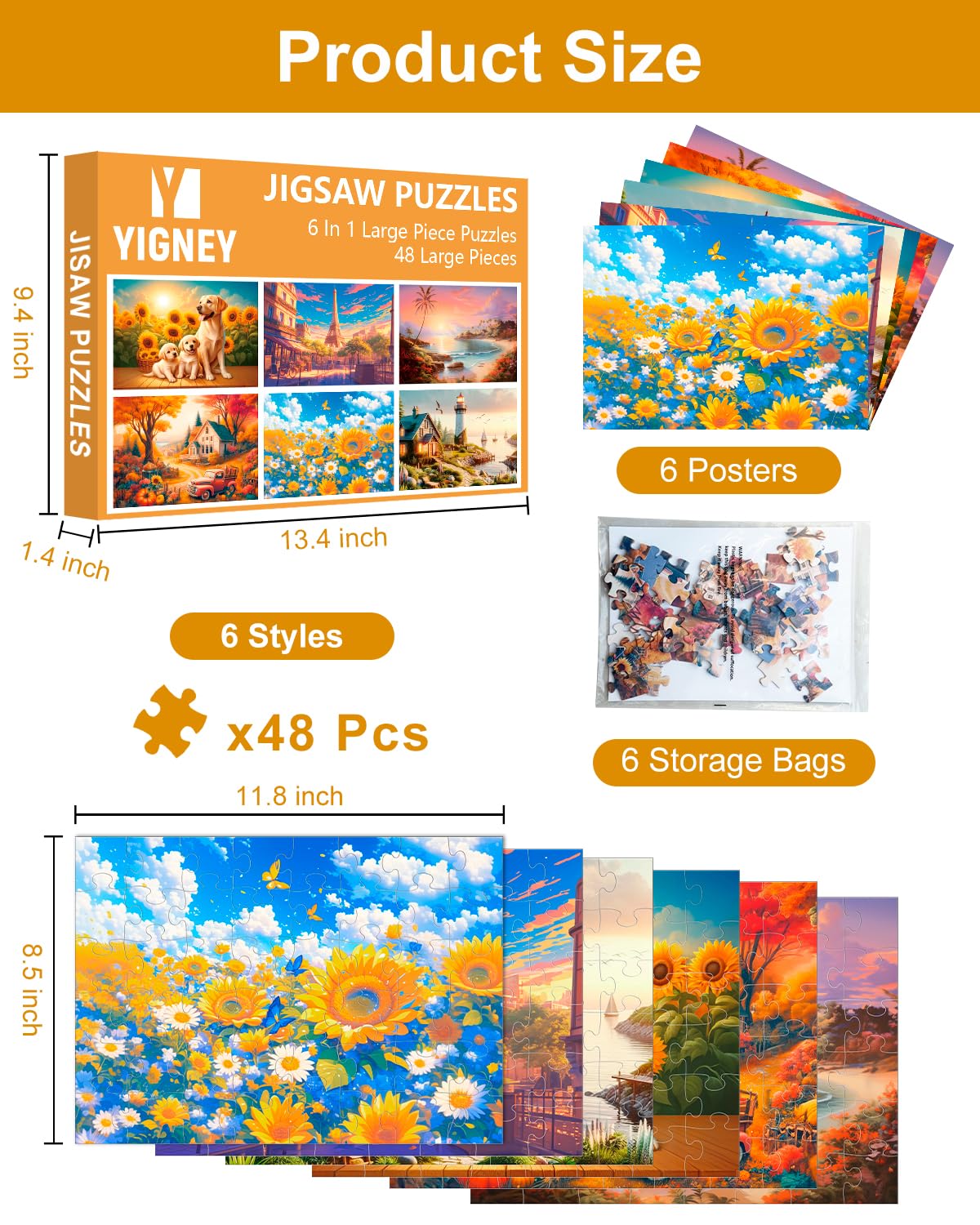 Yigney 6-pack posters image included with puzzle set for visual cues