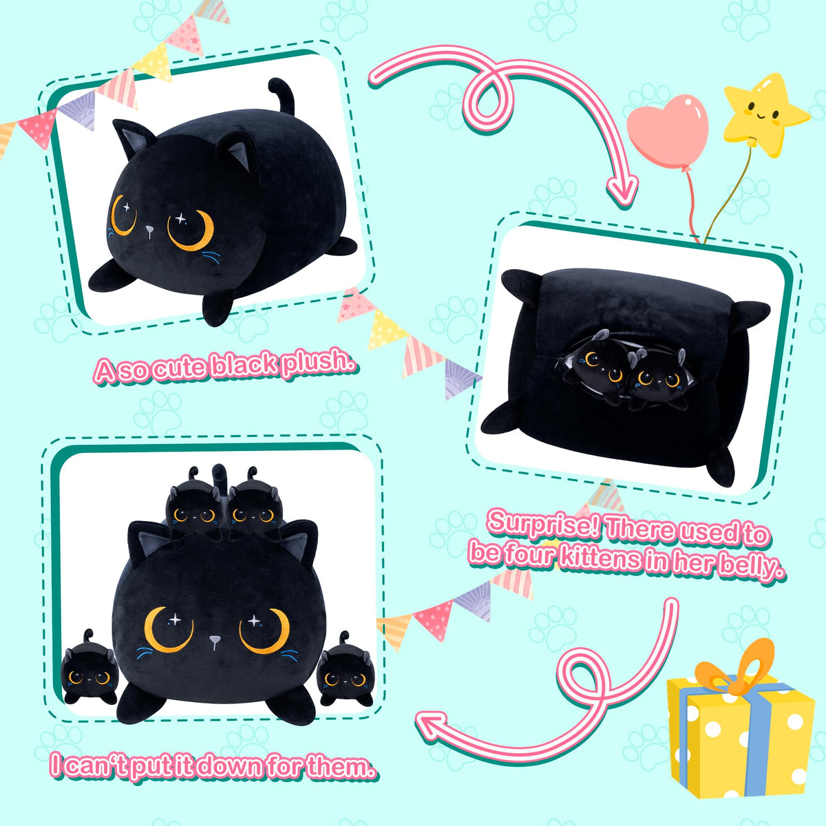 YIIQUWEN Black Cat Plush makes a thoughtful gift for kids and friends.