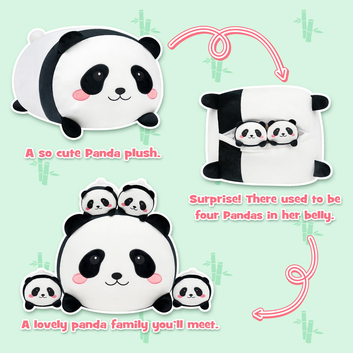 YIIQUWEN Panda Plush Belly Unzip Reveal showing four tiny pandas inside