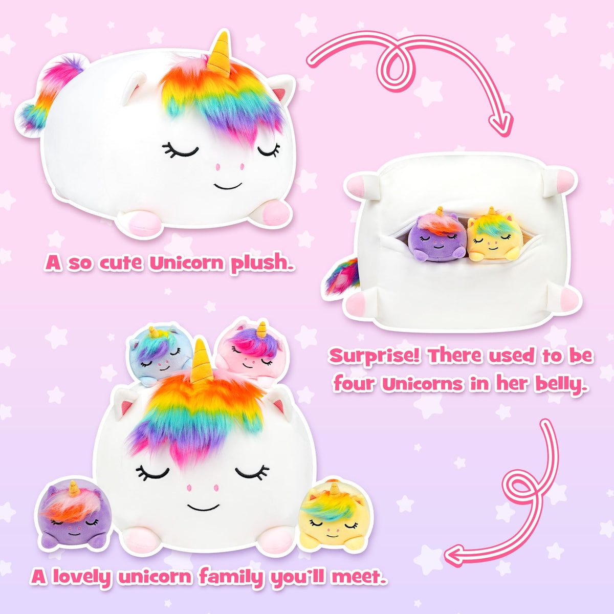 YIIQUWEN Unicorn Plush belly unzips to reveal four baby unicorns.
