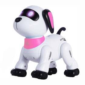 Yiman remote-control robot dog pink front view with bright LED eyes for lively play.