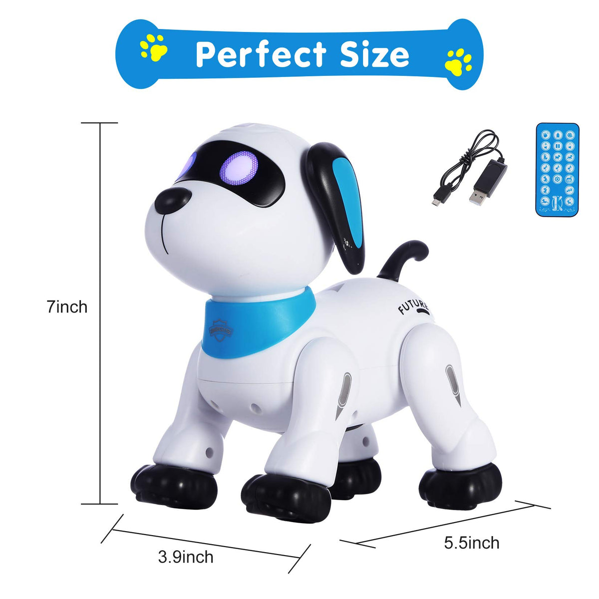 Yiman robot dog LED eyes glow during fun light-up performances and songs.