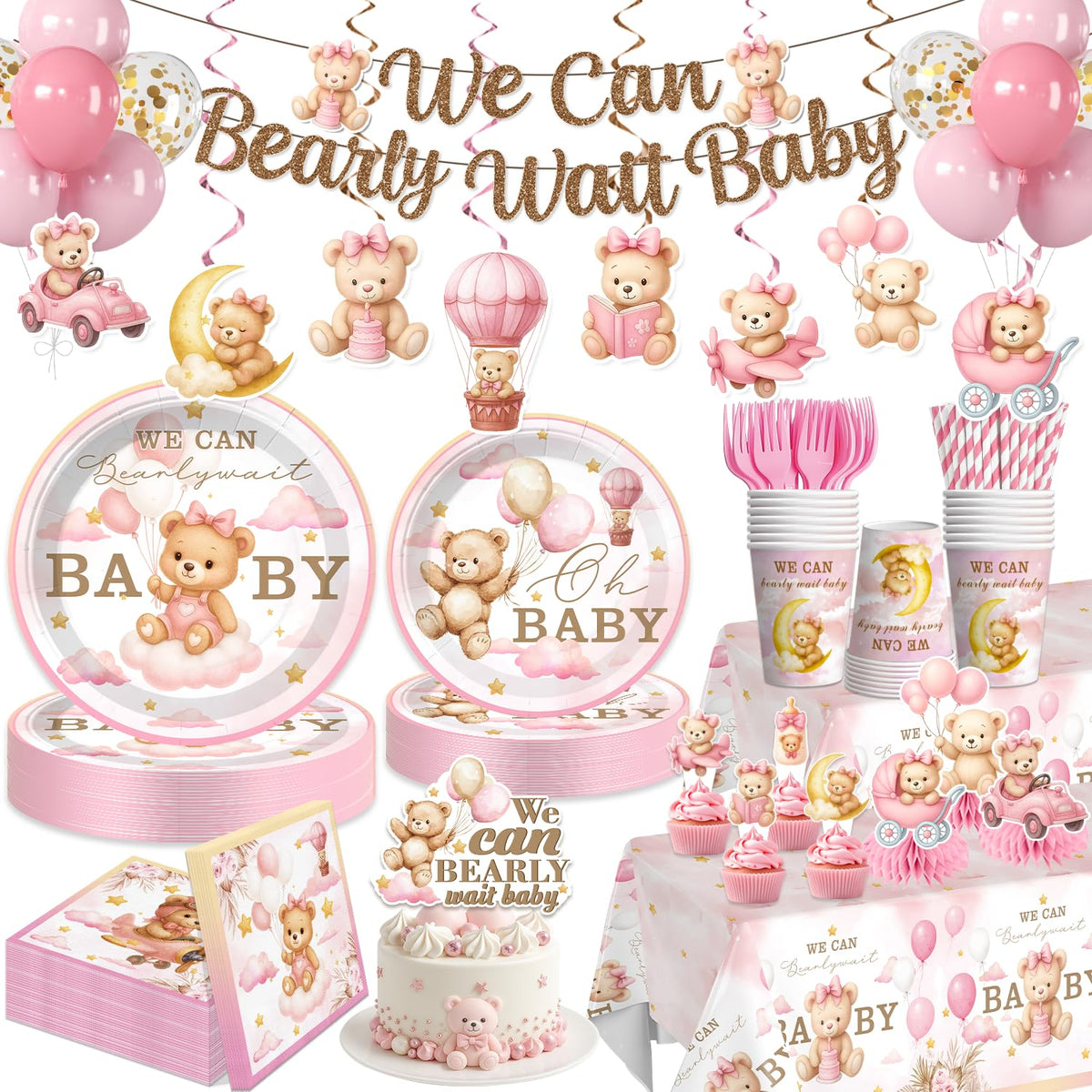 Yingoto Bearly Wait banner decor adds a charming backdrop to the baby shower.