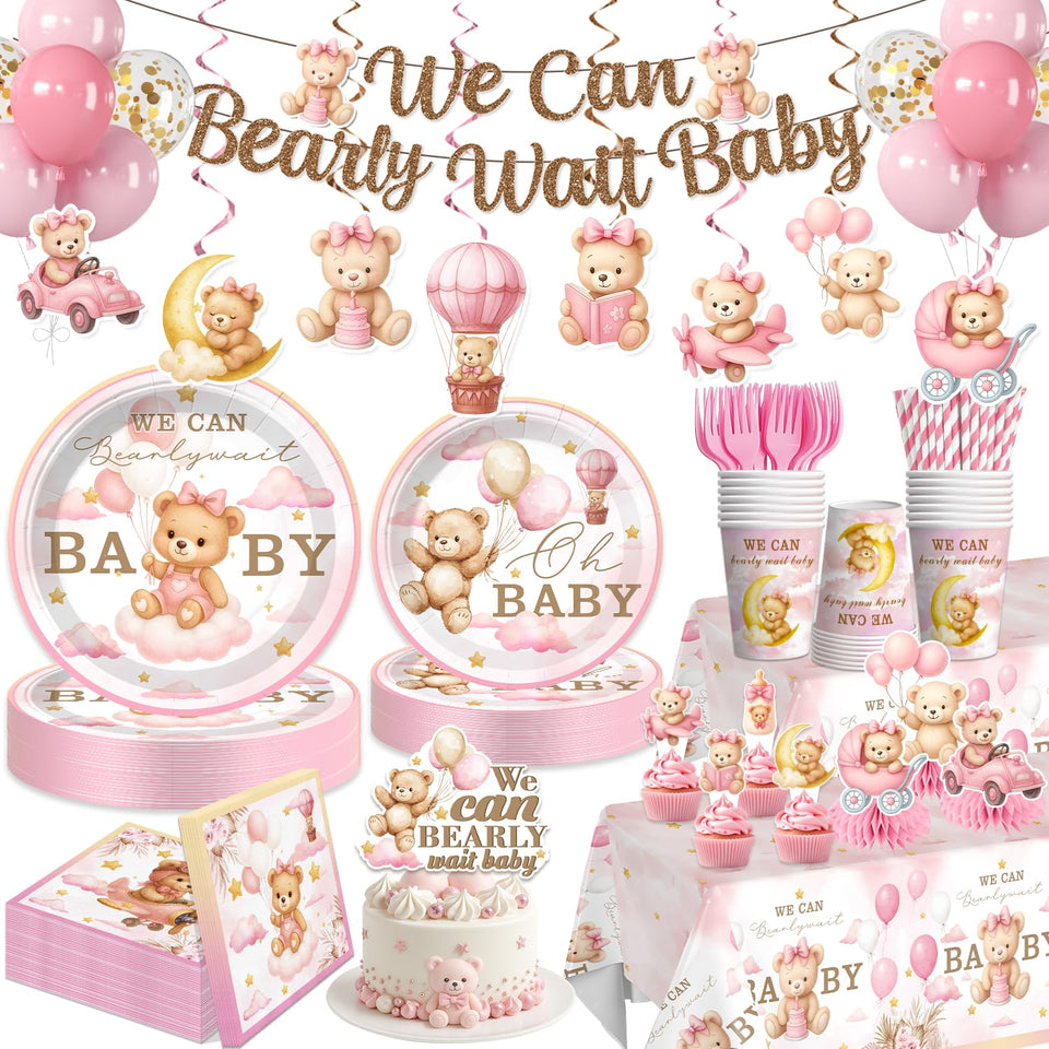 Yingoto Bearly Wait banner decor adds a charming backdrop to the baby shower.