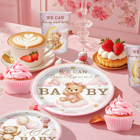 Yingoto Bearly Wait pink tablecloth protects surfaces and enhances the party look.