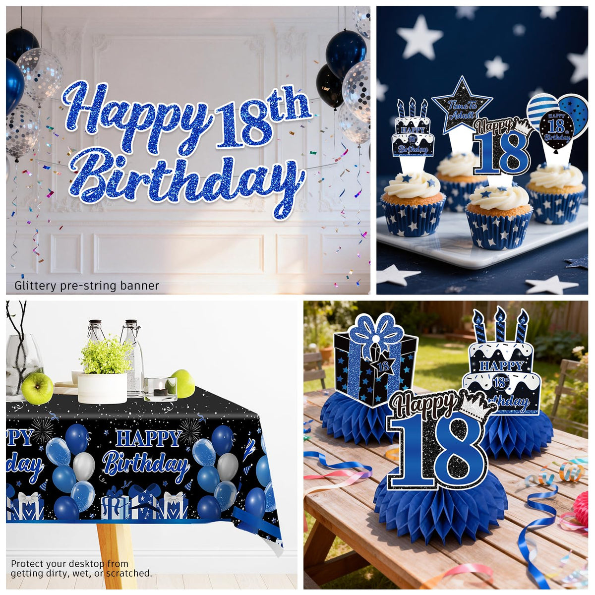 Yingoto blue-black tablecloth anchors the party setup with waterproof practicality