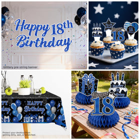 Yingoto blue-black tablecloth anchors the party setup with waterproof practicality