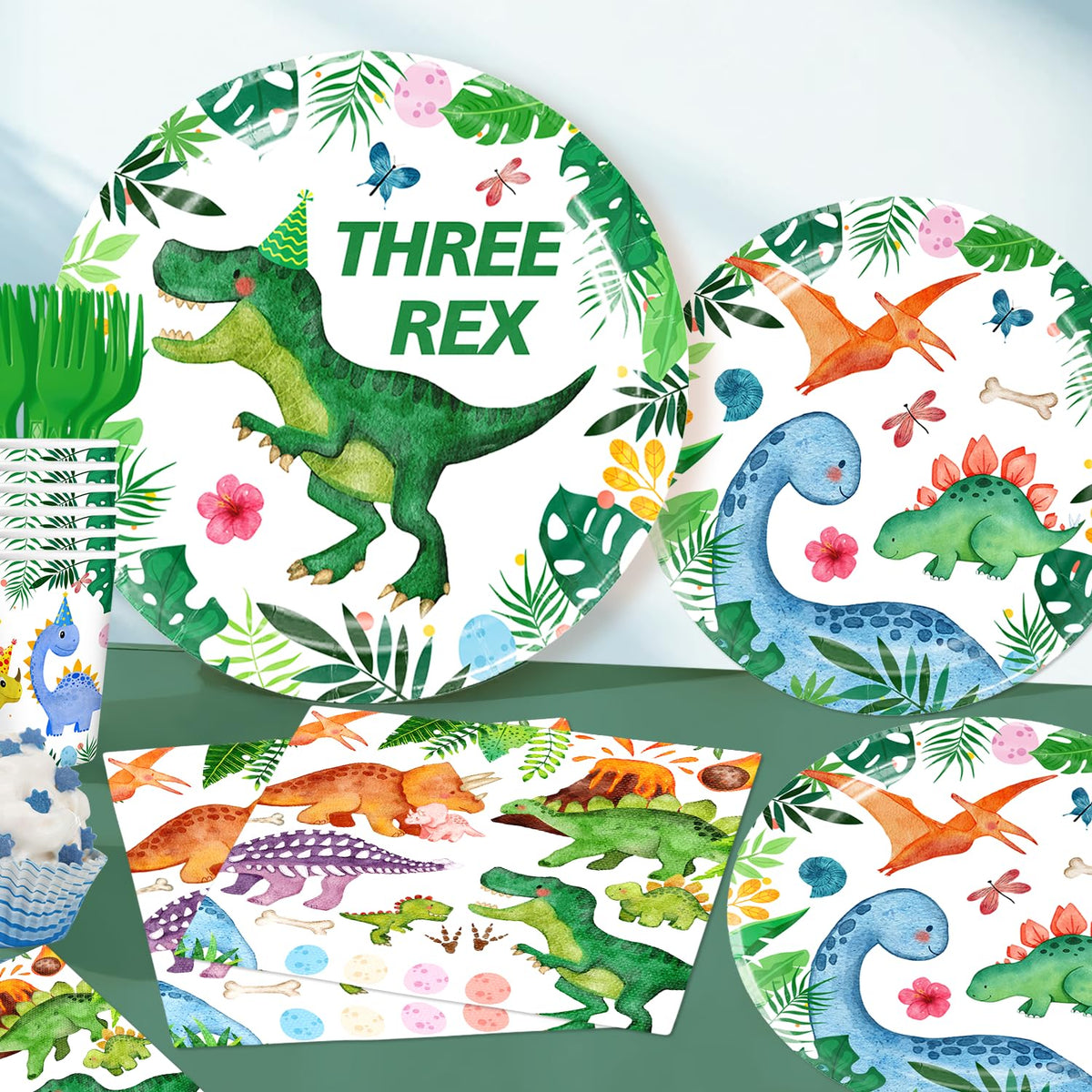 Yingoto Three Rex tablecloth adds dinosaur backdrop to table.