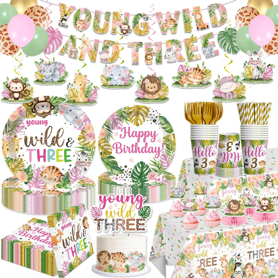 Yingoto Young Wild and Three banner on wall for jungle party decor