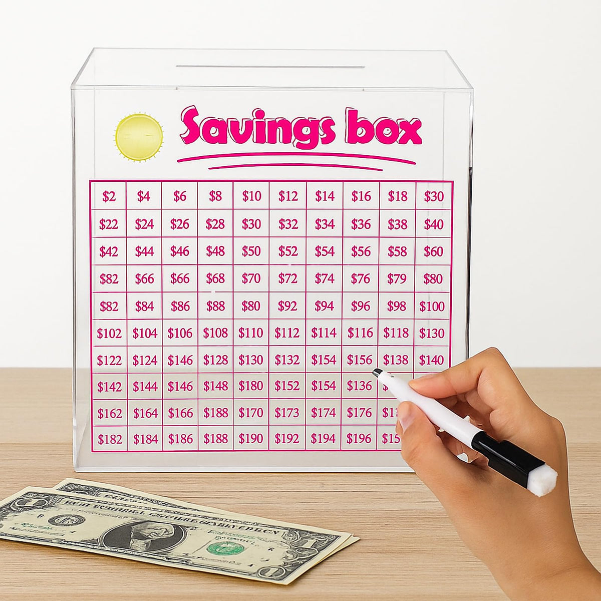 Yinkin 10k Smash Box grid closeup shows progress markers for the savings challenge.