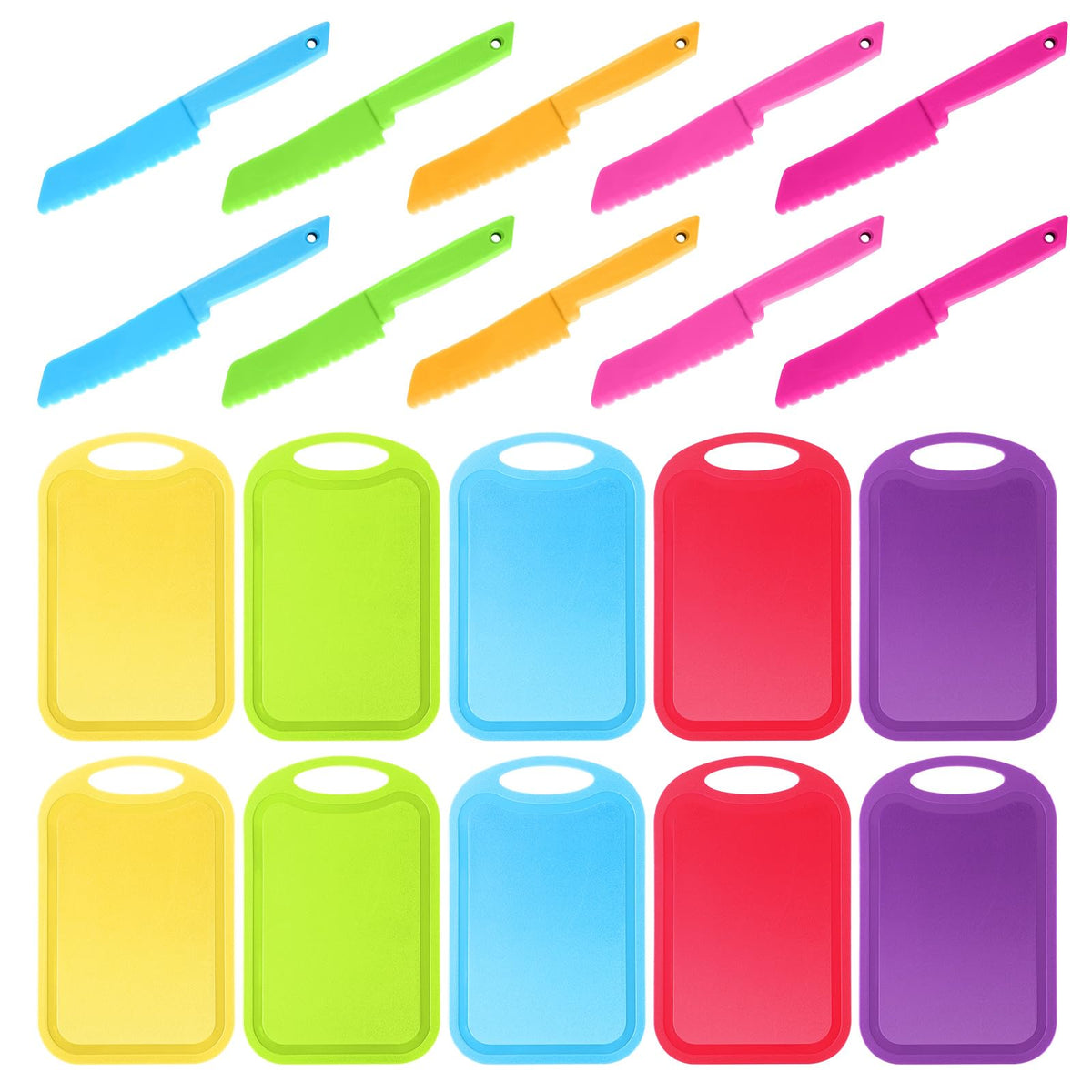 Yinkin kids knives with cutting boards bundle, front view, perfect starter set for little cooks.