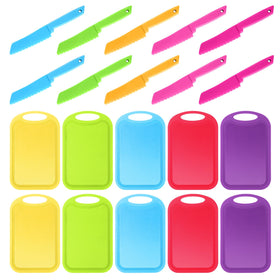 Yinkin kids knives with cutting boards bundle, front view, perfect starter set for little cooks.
