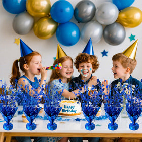 YinNorth blue foil spray centerpiece close-up shows sturdy base and shimmering thread.