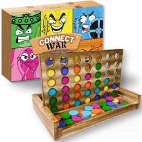 YipYam Games Connect War on a wooden tabletop board for group play.