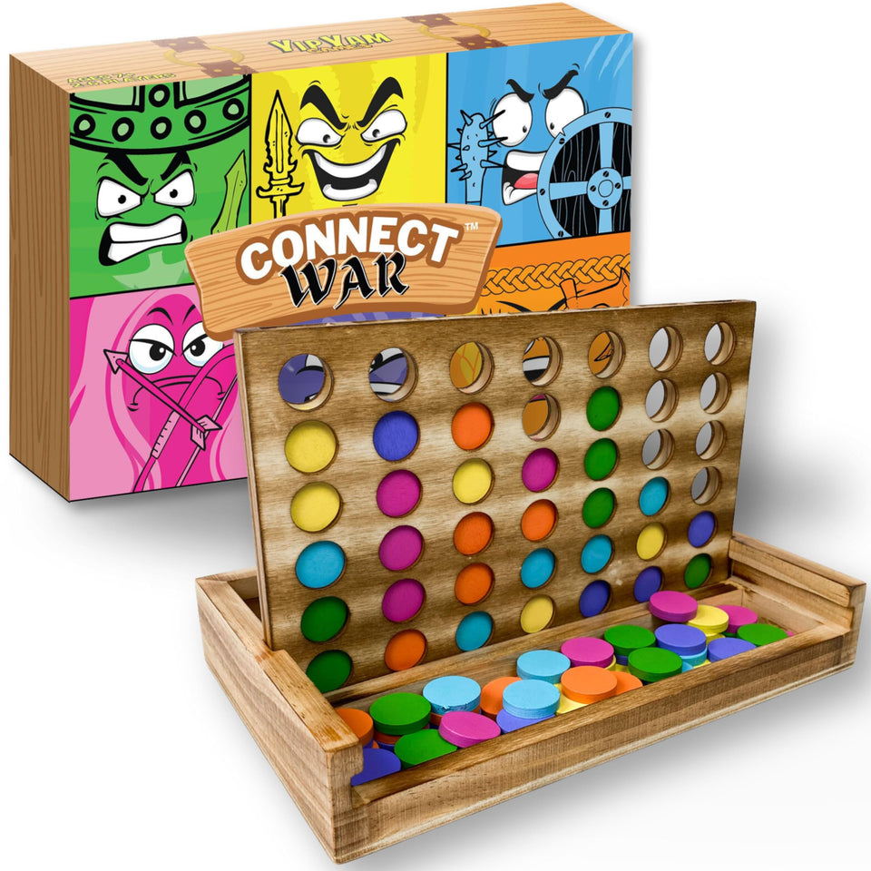 YipYam Games Connect War on a wooden tabletop board for group play.