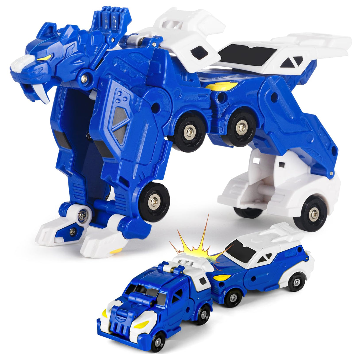 Yivsen collision transforming dinosaur car blue, magnetic 2-in-1 toy for dynamic play.