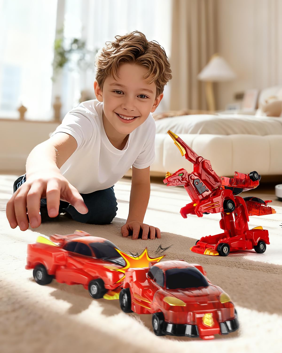 Yivsen collision transforming dinosaur car red, easy push-and-bump action for quick transforms.