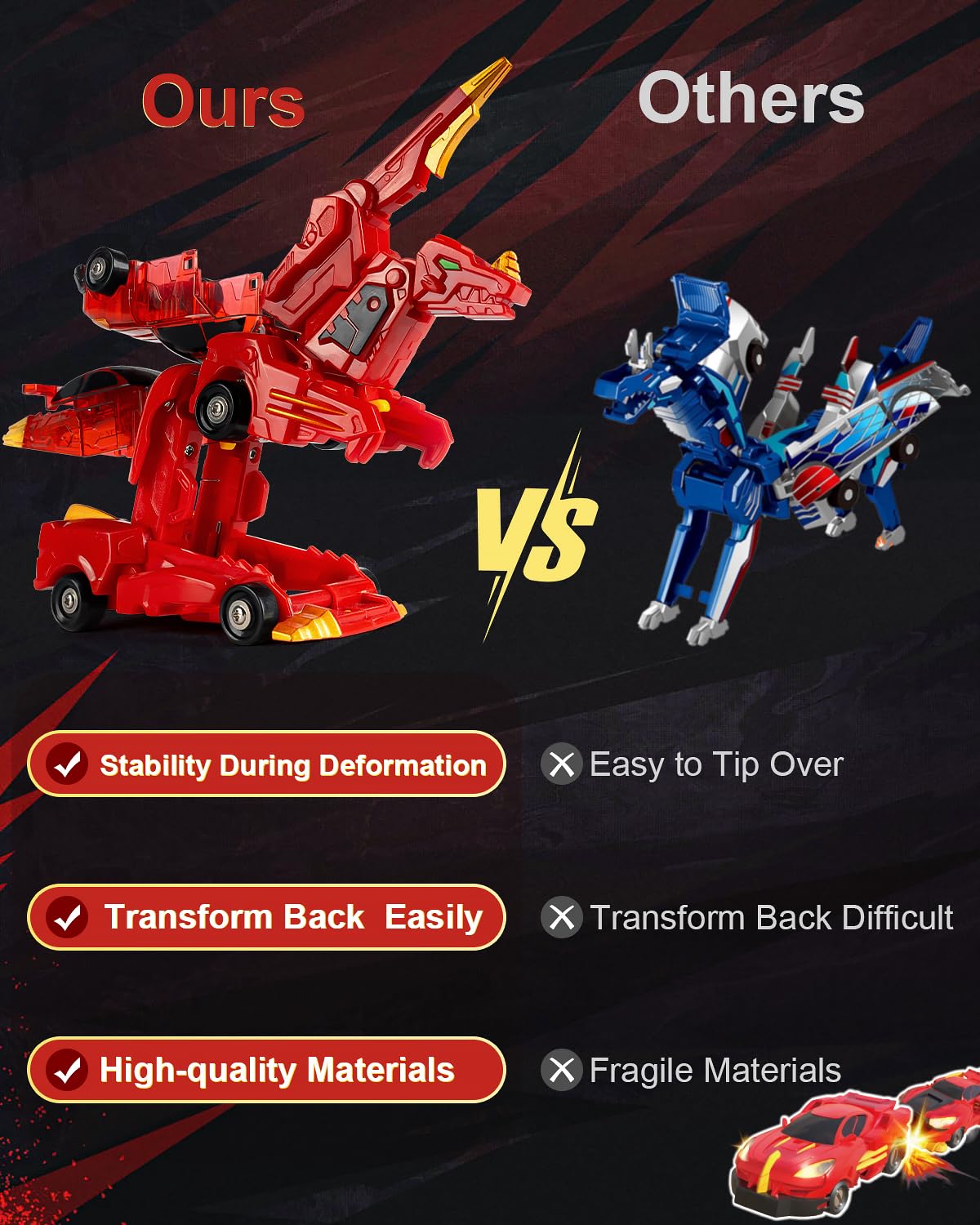 Yivsen collision transforming dinosaur car red, dino mode for imaginative play.