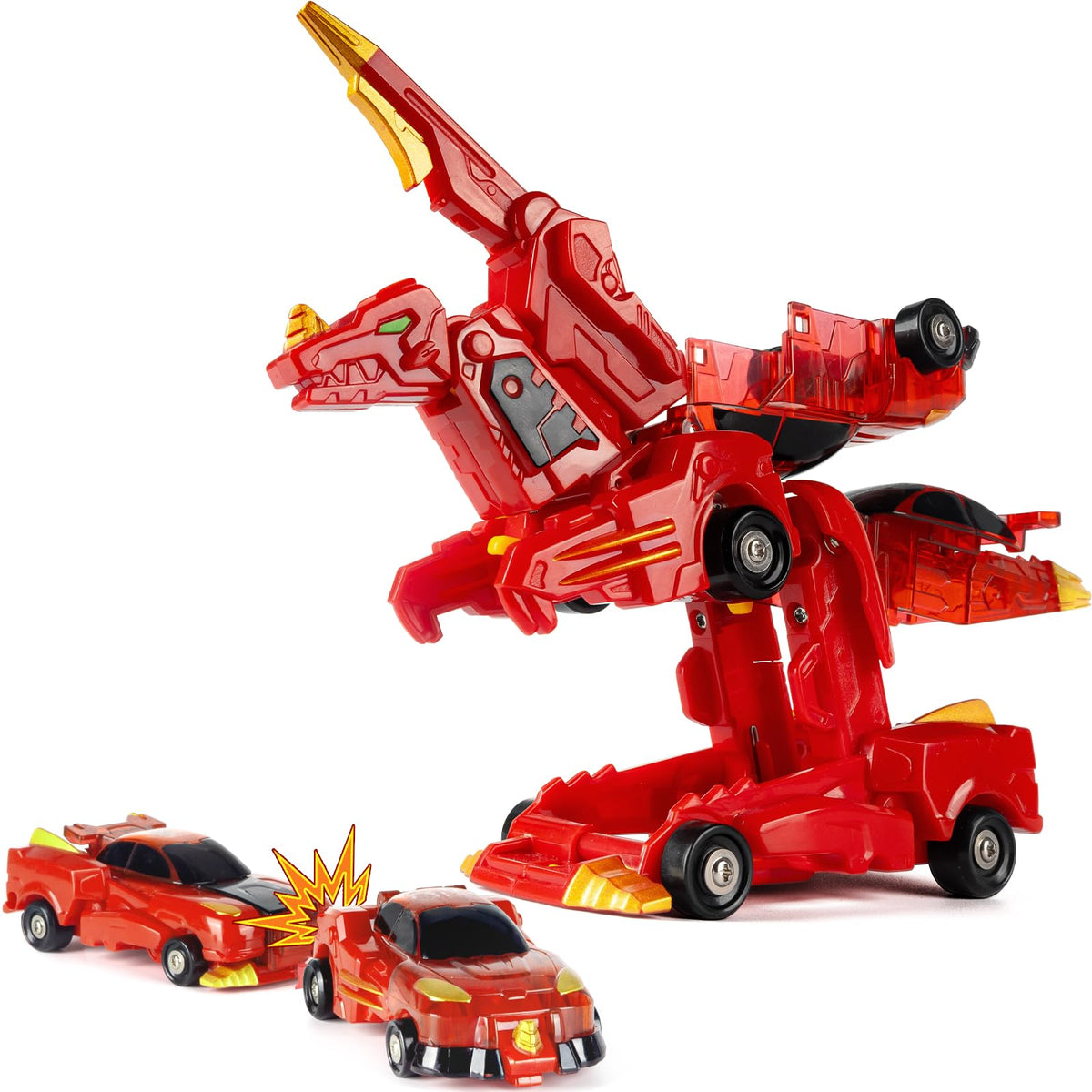 Yivsen collision transforming dinosaur car in red, front view ready for dynamic play.