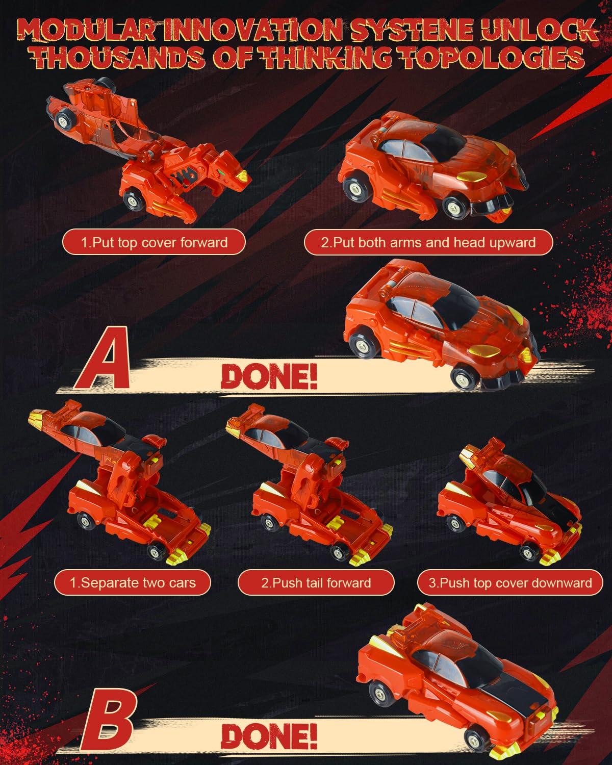 Yivsen collision transforming dinosaur car red, magnetic connection maintains stability during play.