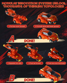 Yivsen collision transforming dinosaur car red, magnetic connection maintains stability during play.