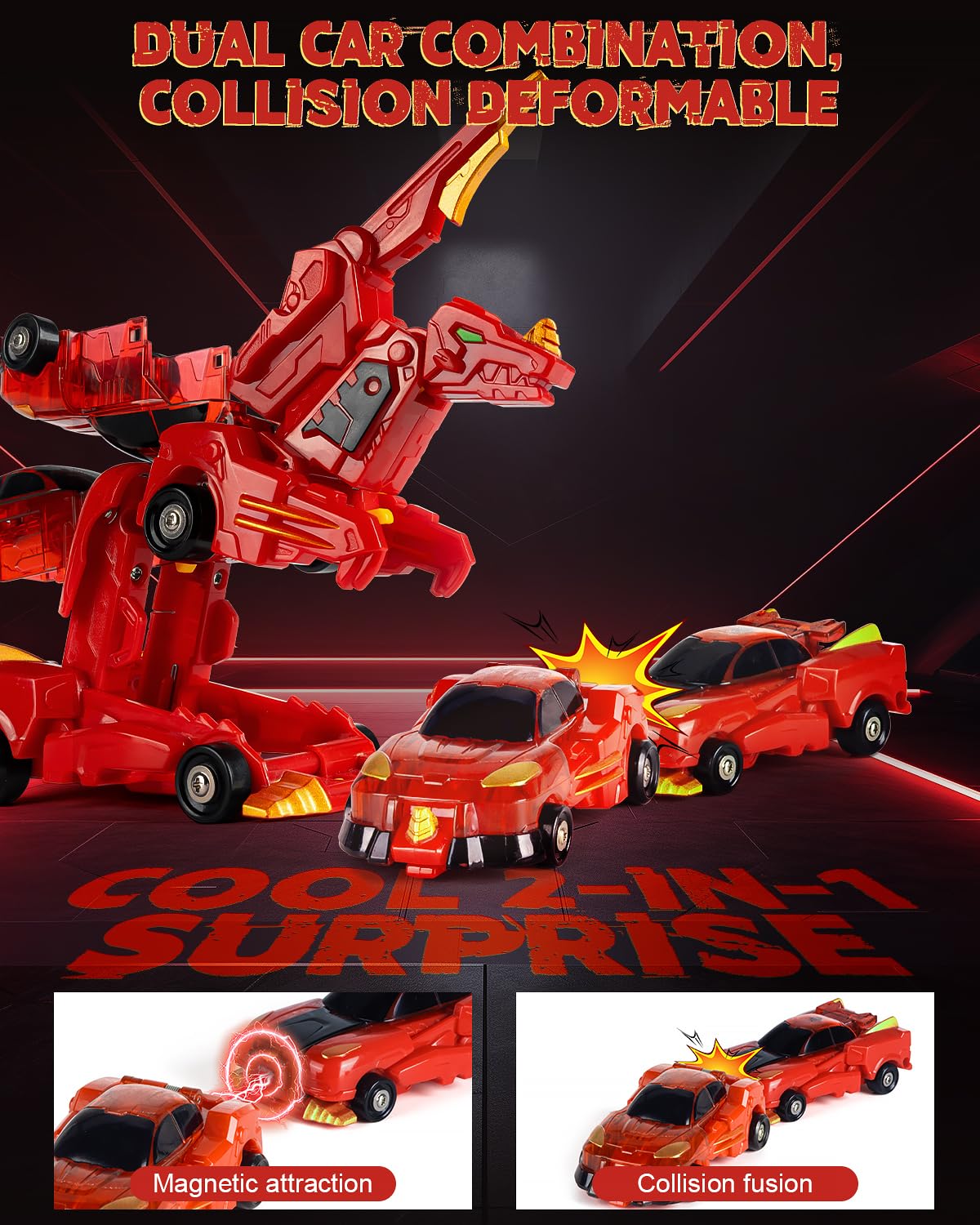Yivsen collision transforming dinosaur car red, two cars join to form a winged dino.