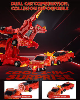 Yivsen collision transforming dinosaur car red, two cars join to form a winged dino.