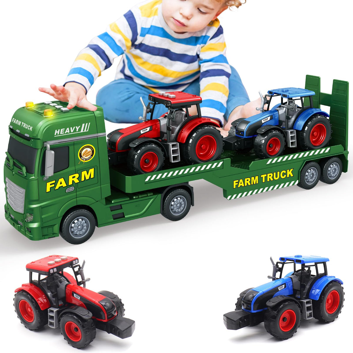 Yiwsnust flatbed semi truck with two tractors for active play