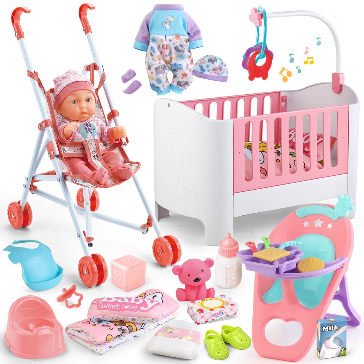 YIYBM baby doll crib set bed with music box for soothing bedtime play.