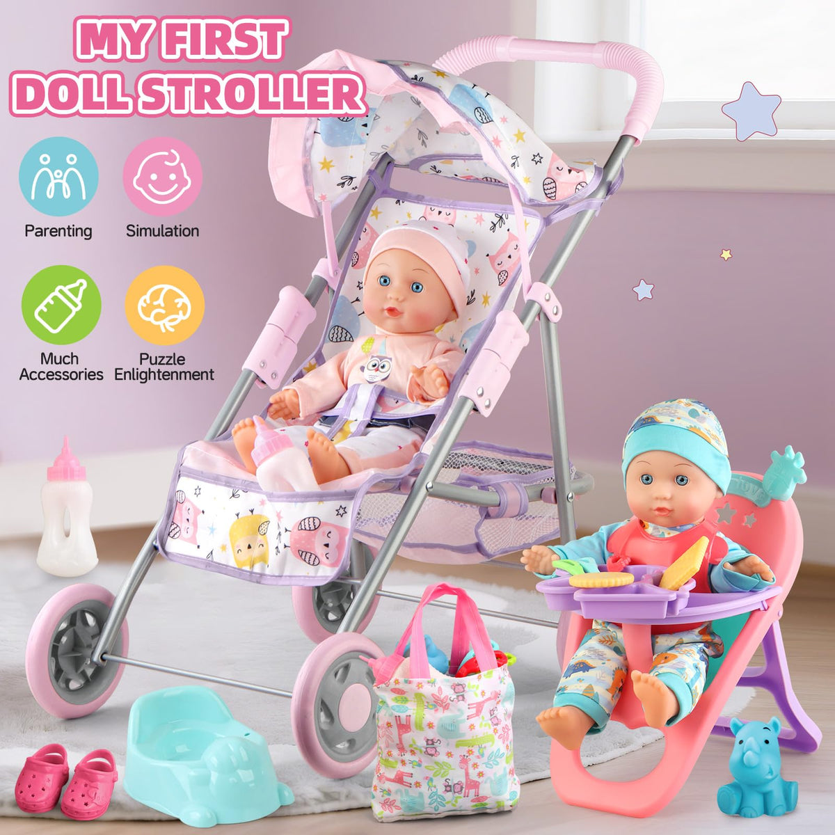 YIYBM stroller with 4-inch EVA wheels gliding smoothly during play