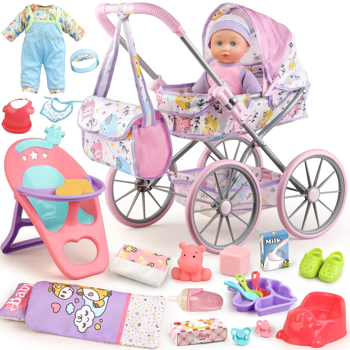 YIYBM baby doll stroller with folding canopy invites imaginative play.