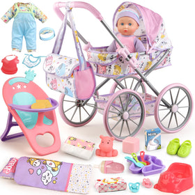 YIYBM baby doll stroller with folding canopy invites imaginative play.