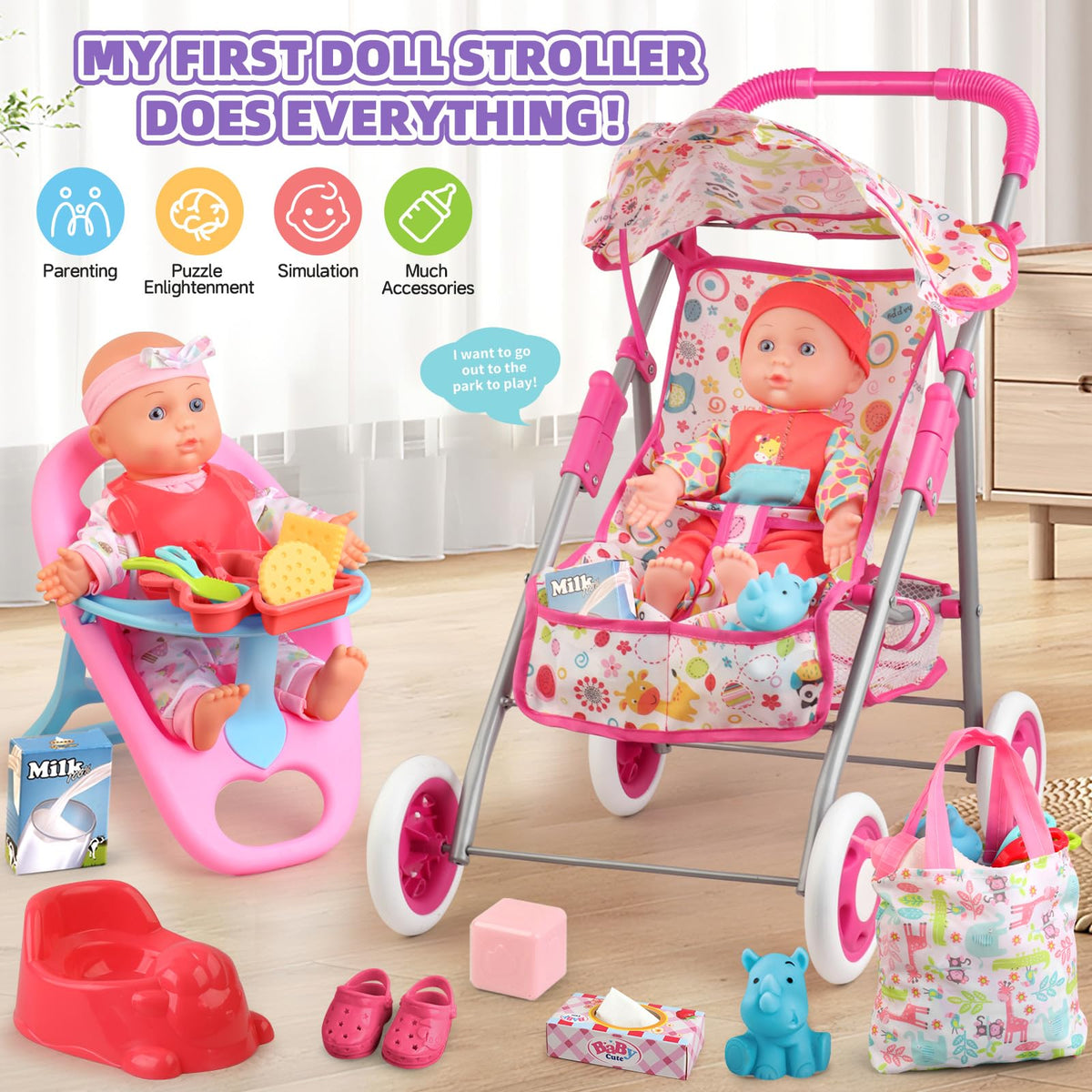 YIYBM baby doll stroller with sunshade shows smooth pushing.