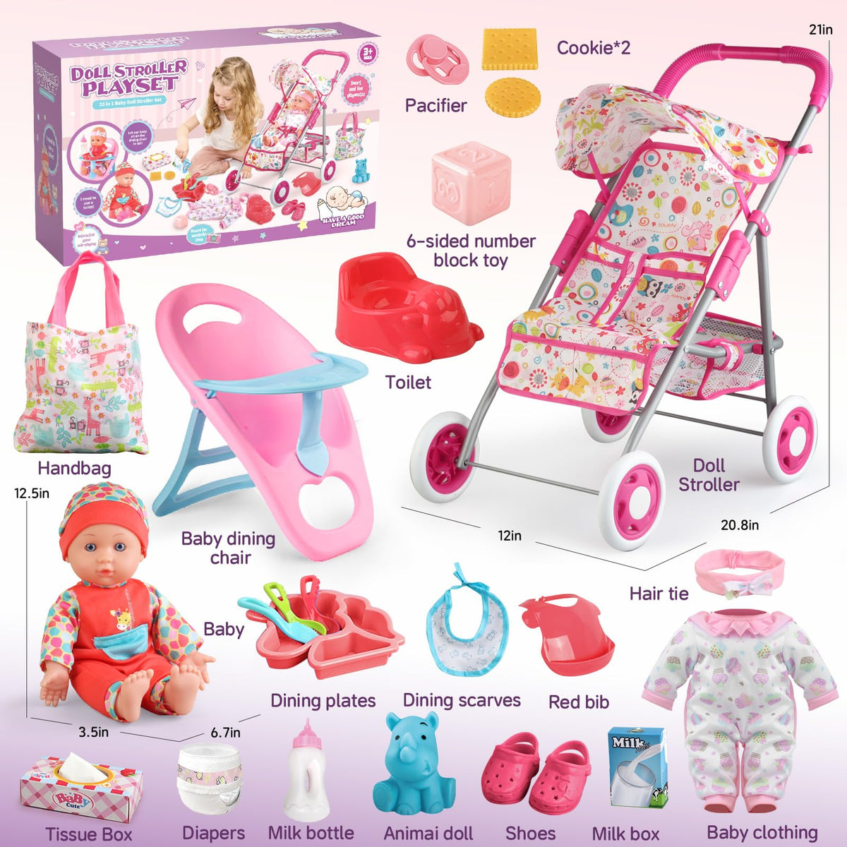 YIYBM twelve-and-a-half-inch doll included, soft and safe for kids.