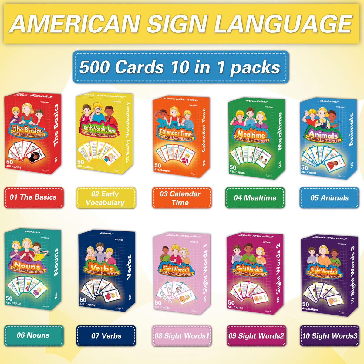 YIYDONG ASL flash cards color coded packs for targeted sign learning