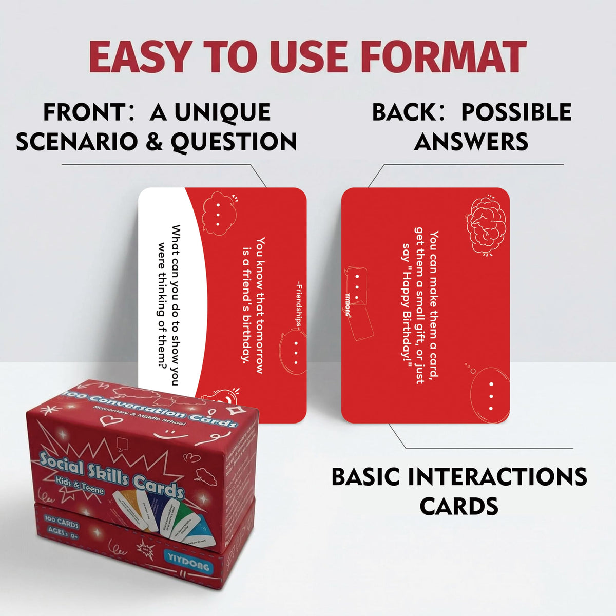 YiYDONG social skills cards back showing suggested answers for guided learning.