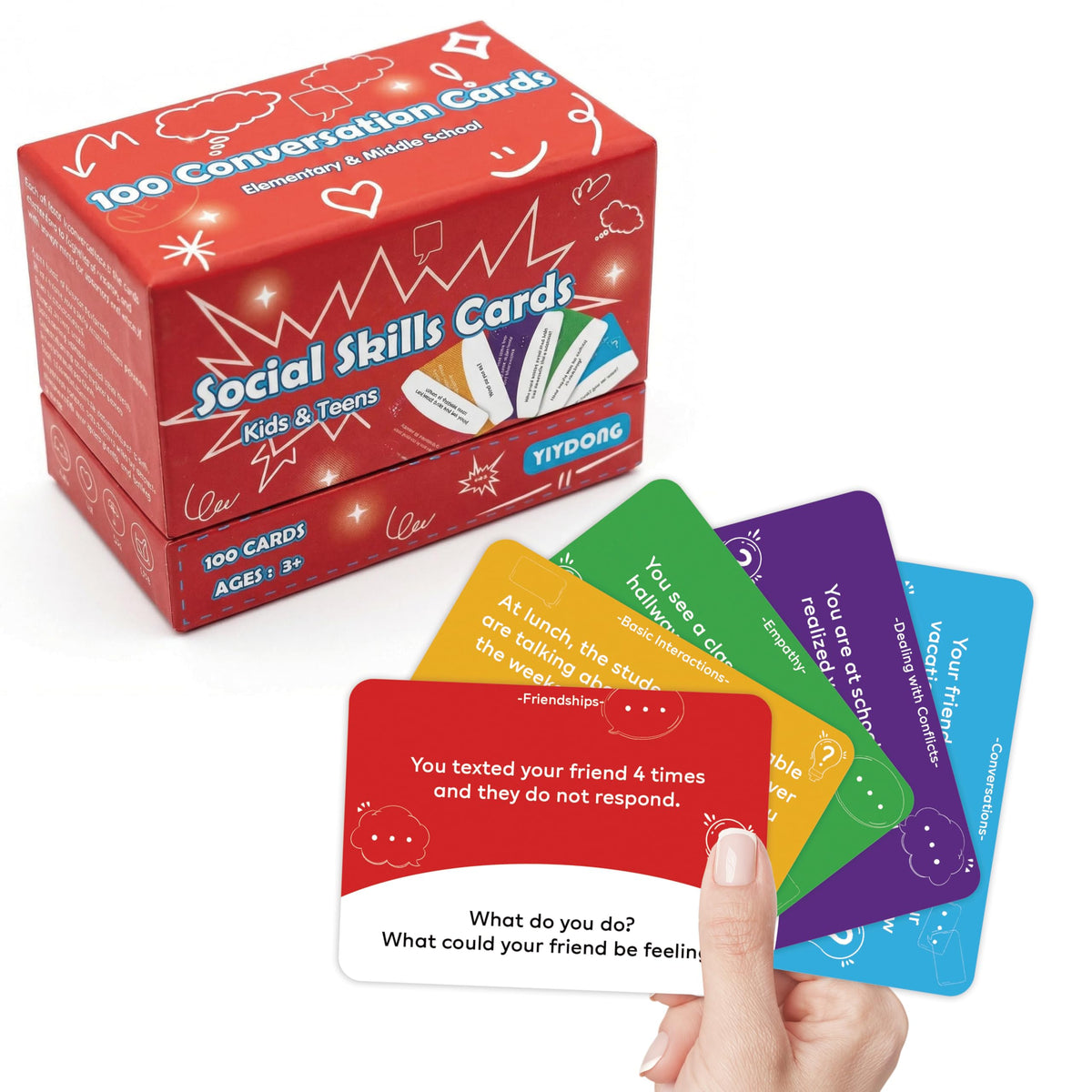 YiYDONG social skills cards front cover with prompts for conversation practice.