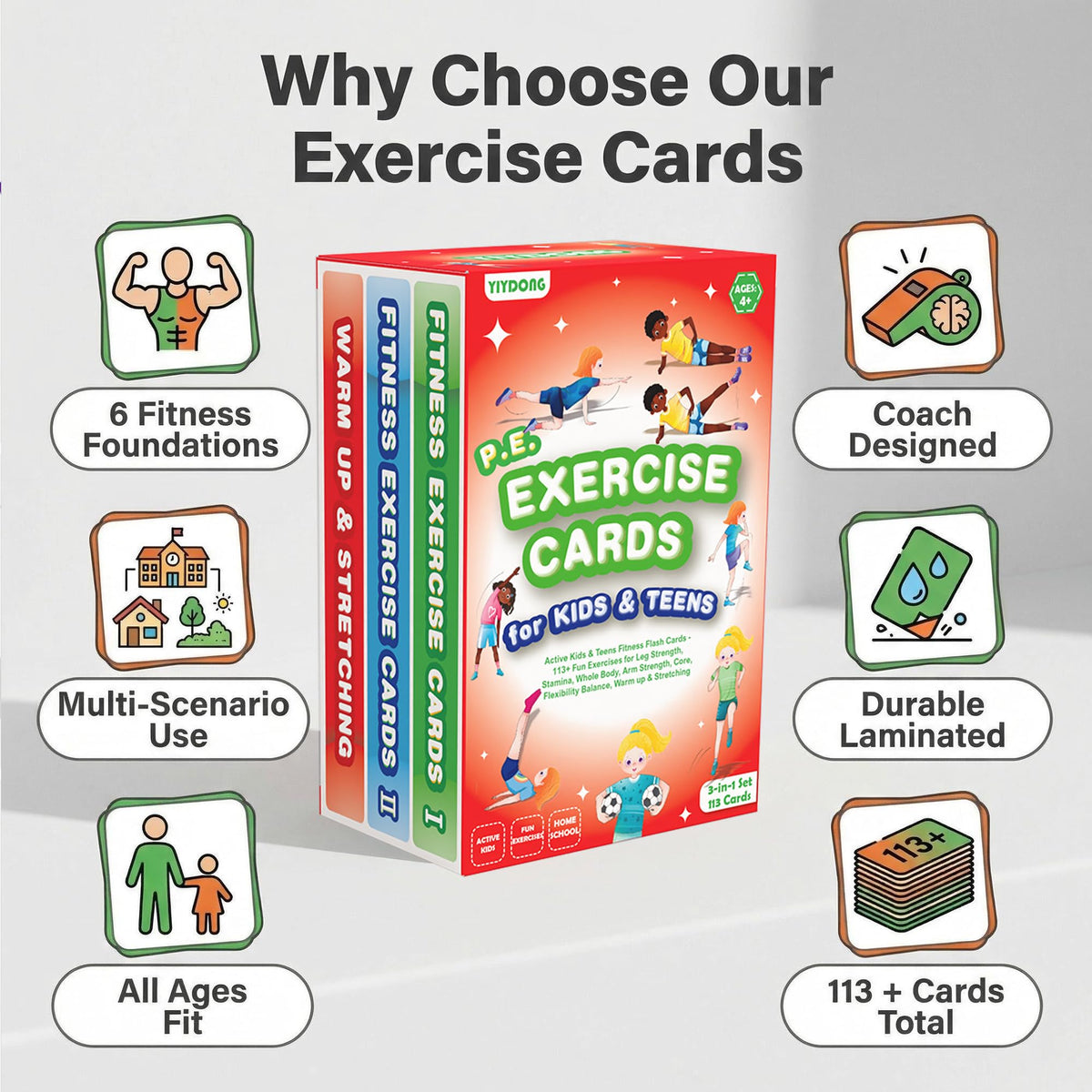 YIYDONG warm-up-stretching cards show dynamic stretches for safe, portable workouts