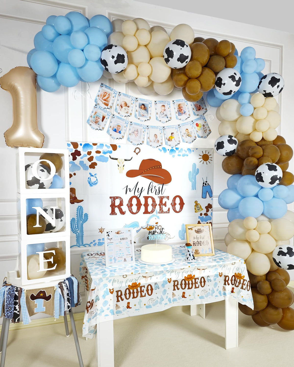 YJDFWAUT Cowboy cake topper and table cloth unify dessert and dining area.