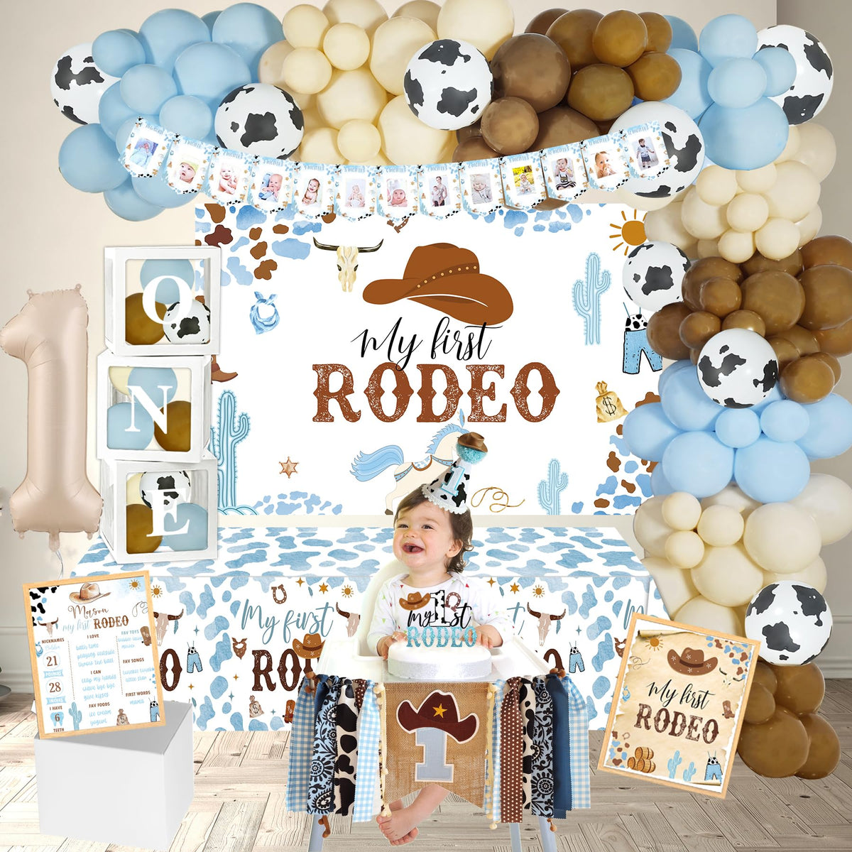 YJDFWAUT My First Rodeo backdrop creates a vivid party focal point.