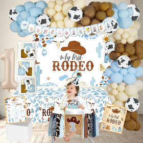 YJDFWAUT My First Rodeo backdrop creates a vivid party focal point.
