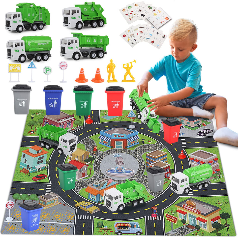 YLDoymx garbage truck playset front view encourages imaginative play and learning.